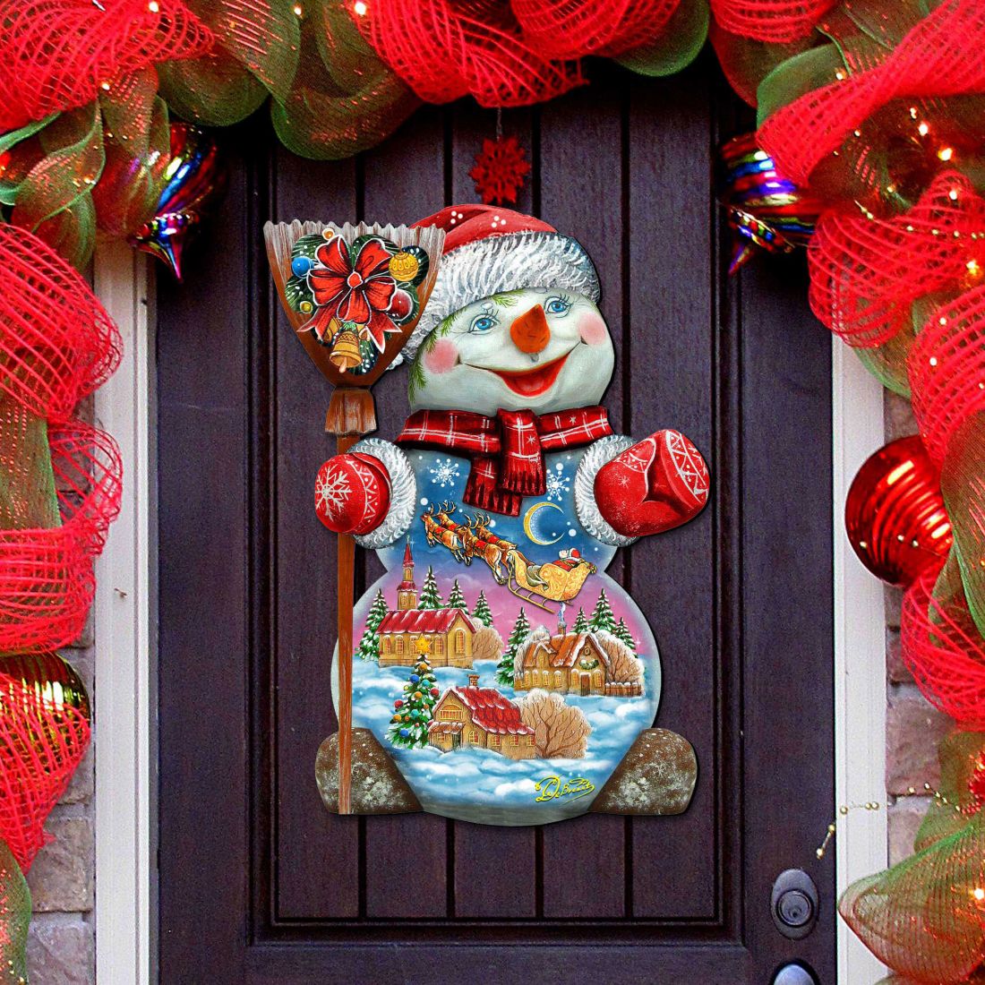 818158H 24 x 18 in. Santa in the Night Sky Snowman Door Decor