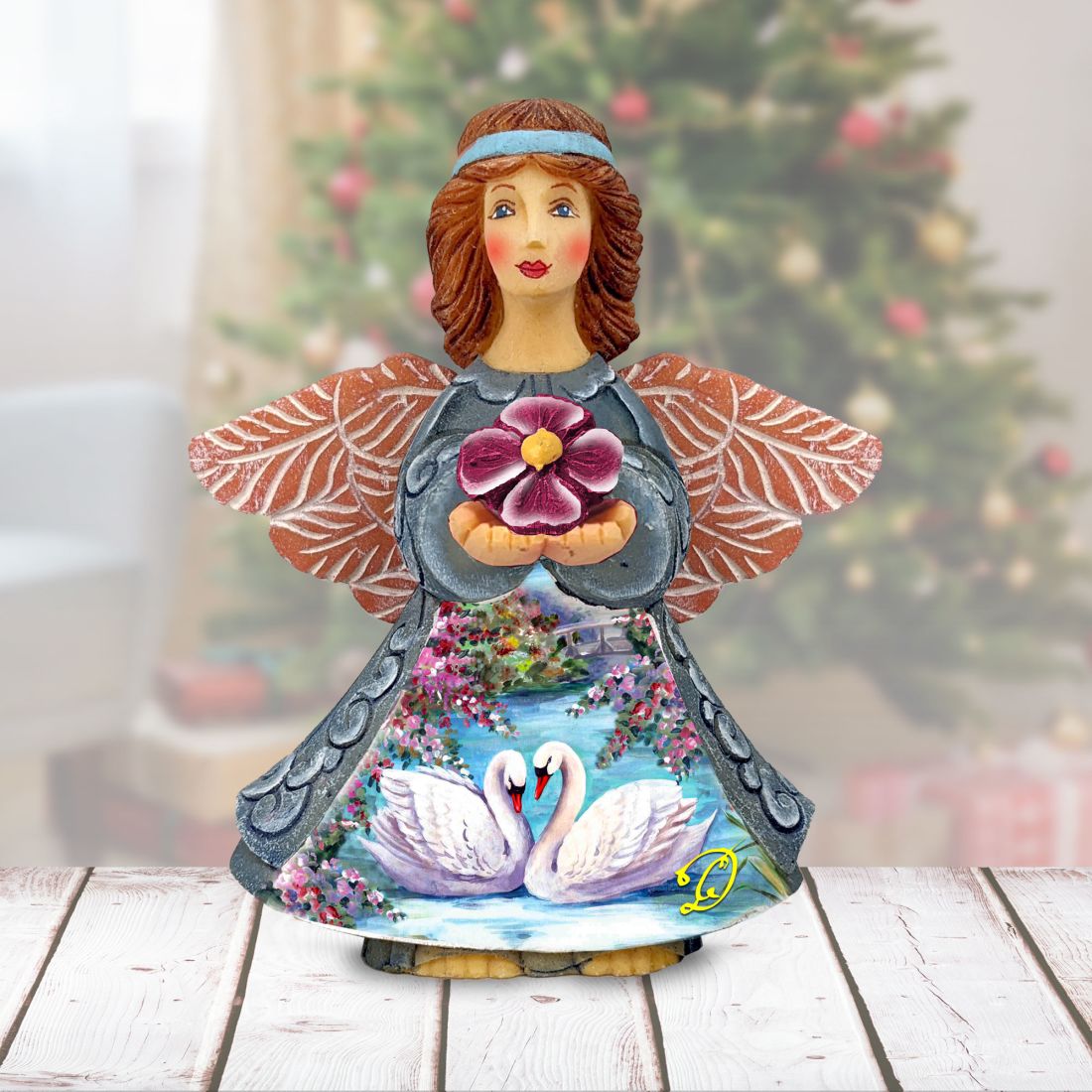 Picture of G.DeBrekht 516658 6 x 5 in. Swans Angel Handcrafted Christmas Figurine