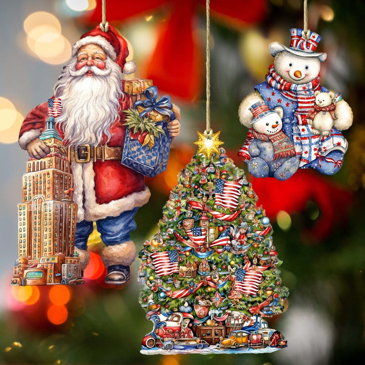 Designocracy 8091301S3 4.5 x 3 in. Santa Aroubf The World American Inspired Santa Wooden Ornaments, Set of 3