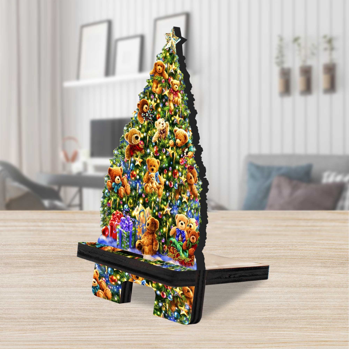 892082C-DG 6 x 3 x 3 in. Christmas Tree Teddy Bears Cell Phone Stand Christmas Decor with Wood Mobile Holder Organizer