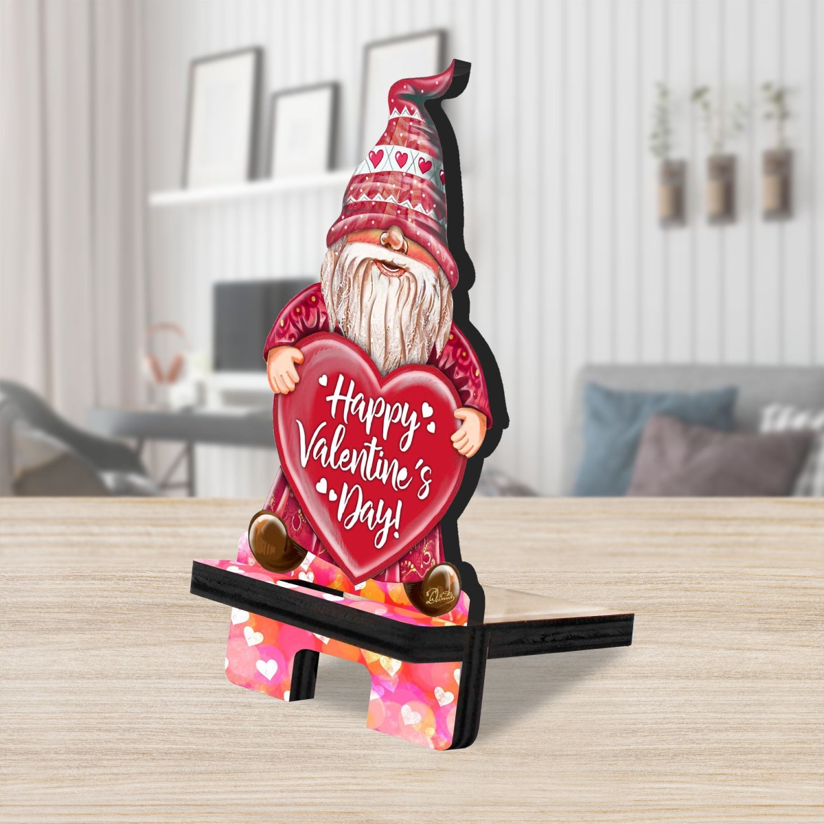 892103C 6 x 3 x 3 in. Happy Valentines Day Gnome Cell Phone Stand Family Decor with Wood Mobile Holder Organizer