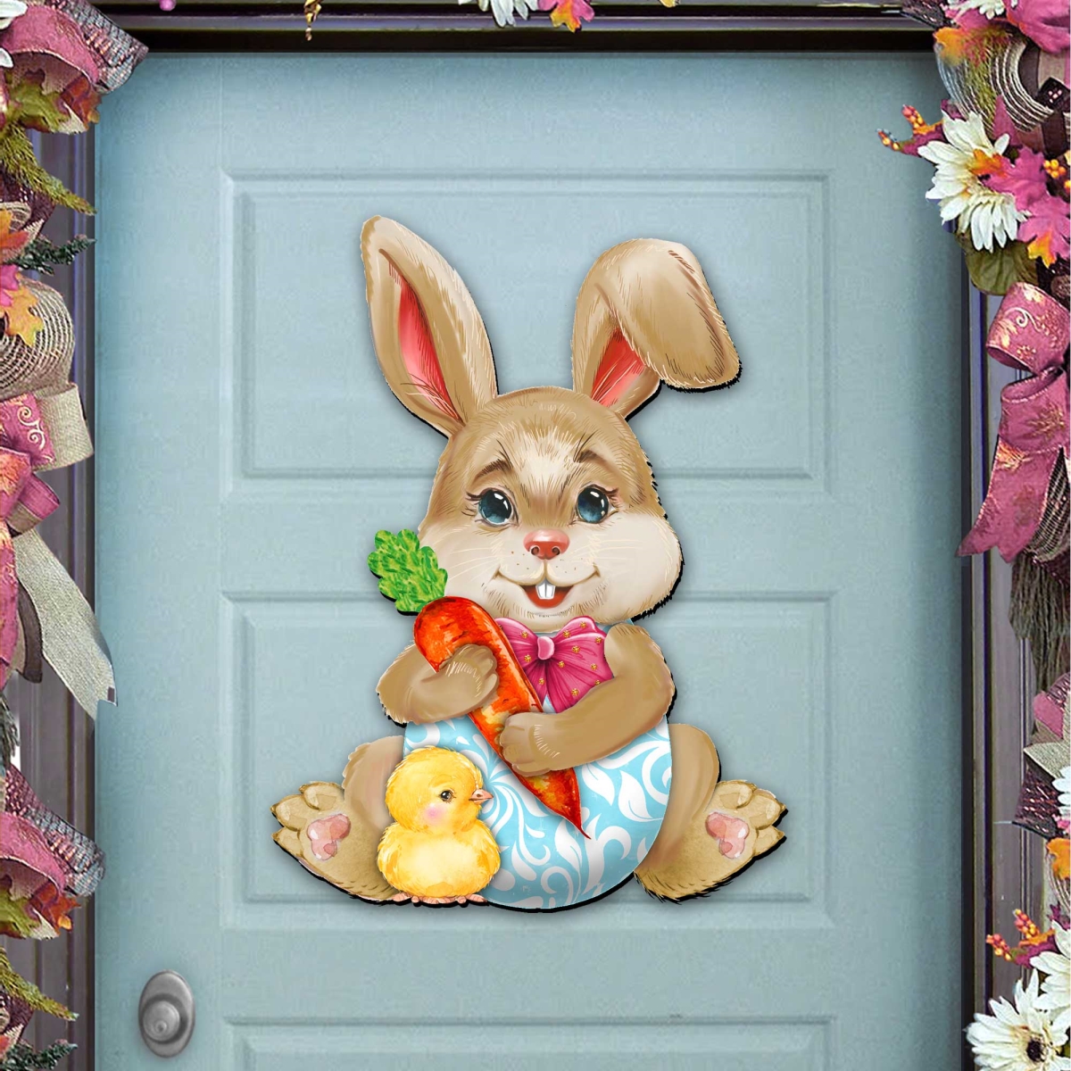 12 x 9 in. Easter Spring Decor Bunny with Chick Wooden Door Hanger