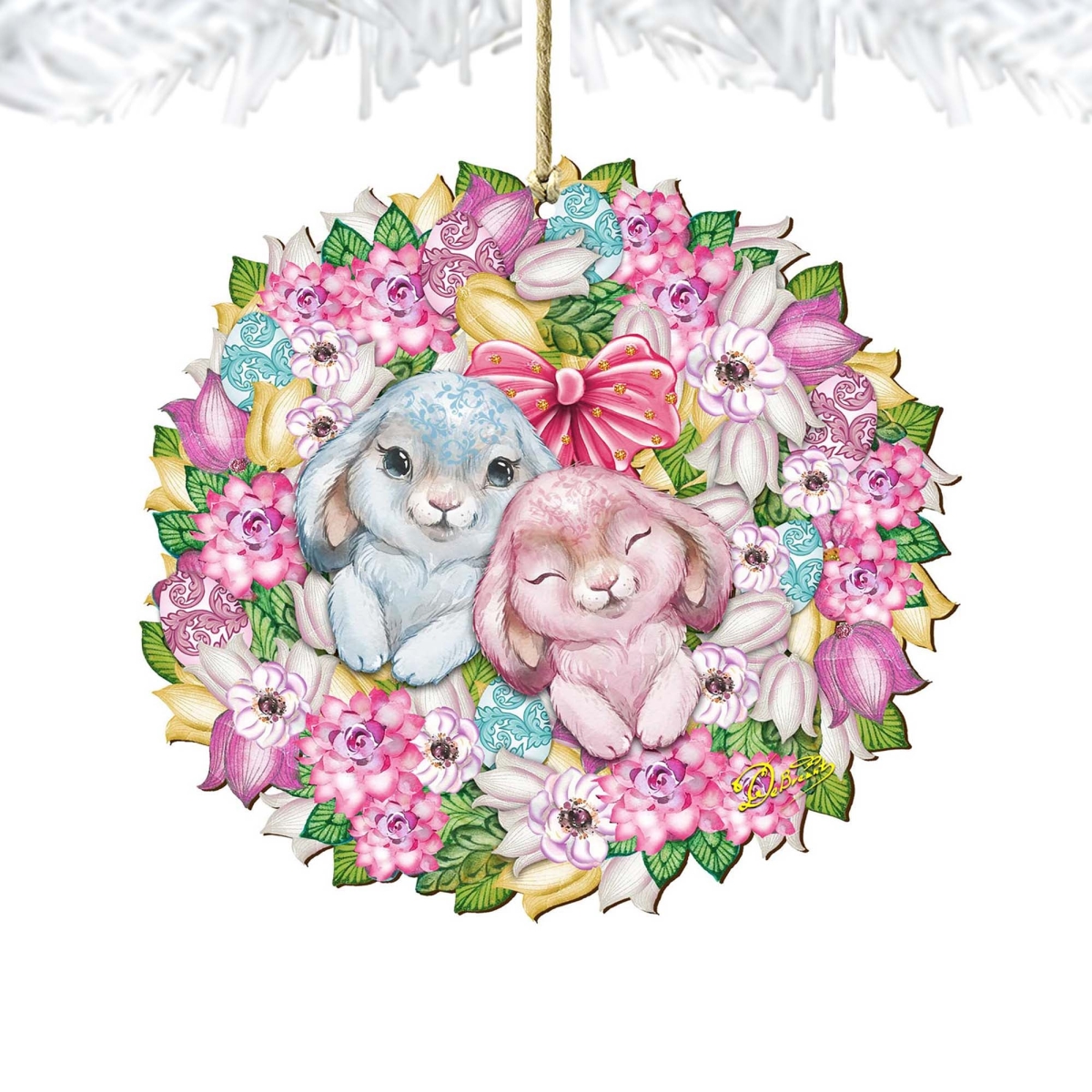 5 x 5.5 x 0.25 in. Bunny Love Wreath Wooden Easter Spring Decor Ornament