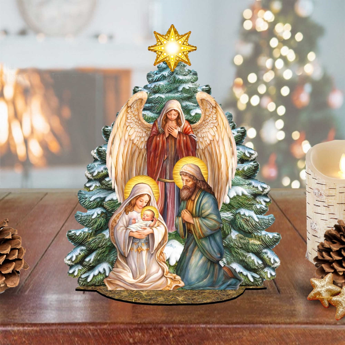 852767-07 6.5 in. Nativity Scene with Angel Christmas Tree Decorative Village Holiday Decor