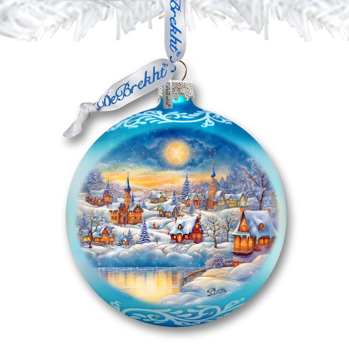 73377 3 x 3.5 in. Magic Winter Village Ball Glass Ornament Christmas Santa Snowman Decor
