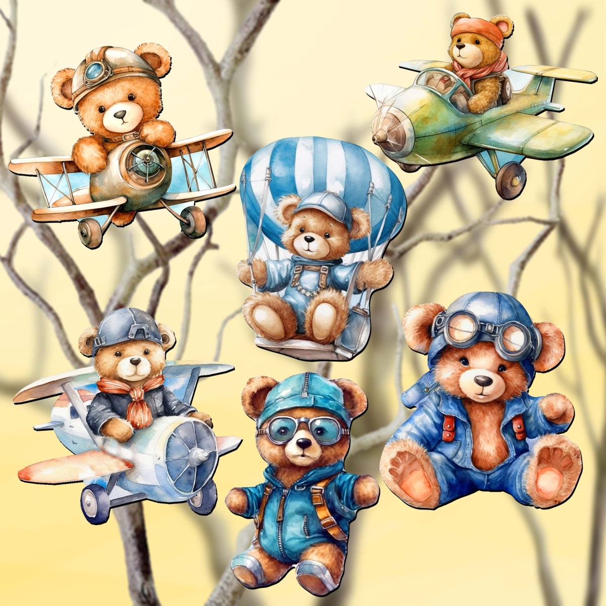 8090010C-S6 2 x 2 x 0.25 in. Aviator Teddy Bear Decorative Wooden Clip-on Ornaments Christmas Decor, Set of 6
