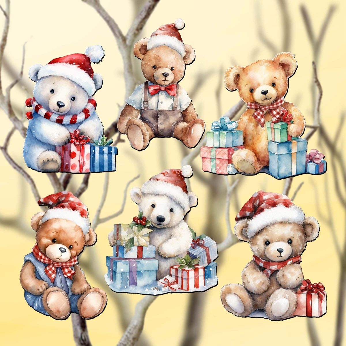 8090011C-S6 2 x 2 x 0.25 in. Christmas Teddy Bear Decorative Wooden Clip-on Ornaments Christmas Decor, Set of 6