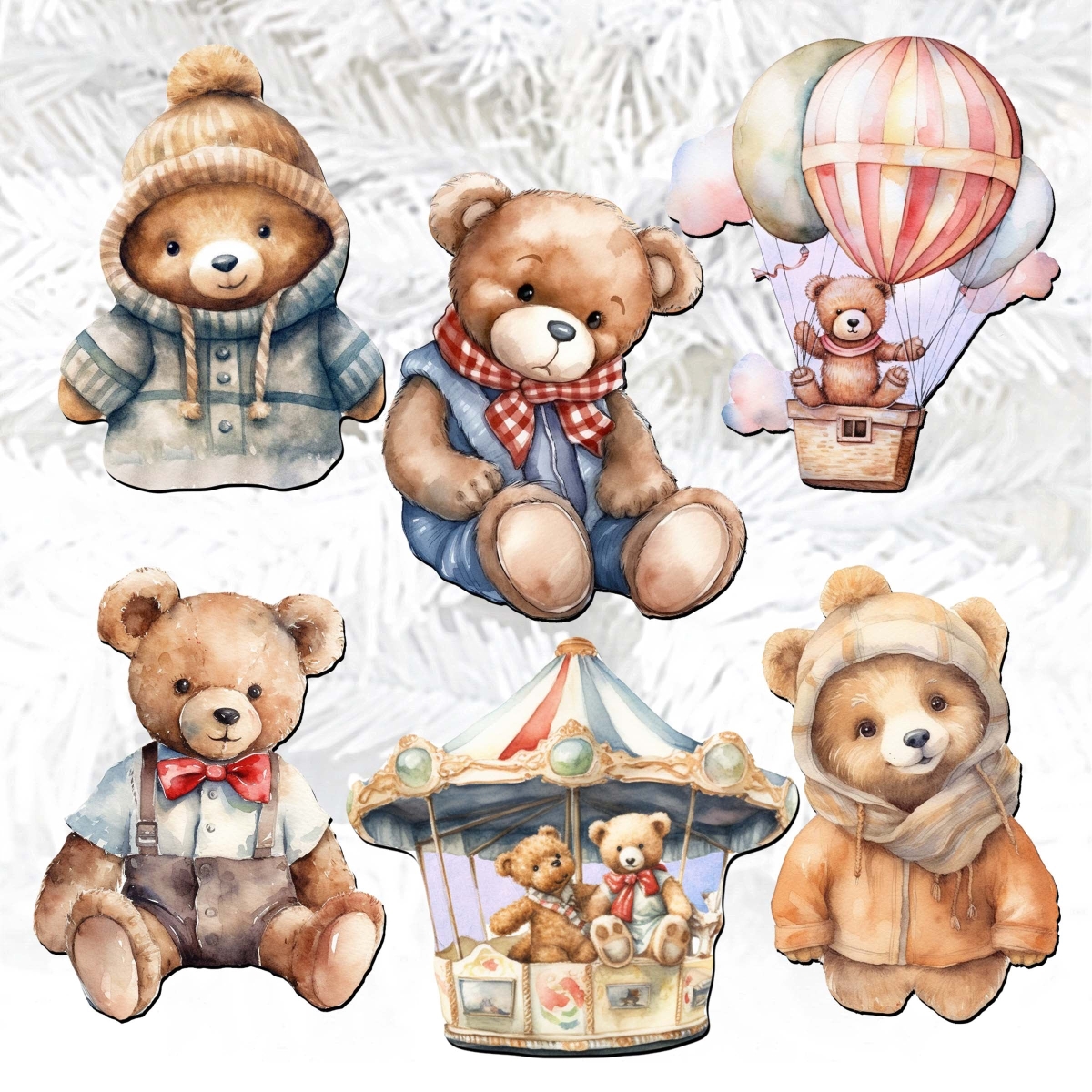 8090025C-S6 2 x 2 x 0.25 in. Teddy Bear Decorative Wooden Clip-on Ornaments Christmas Decor, Set of 6