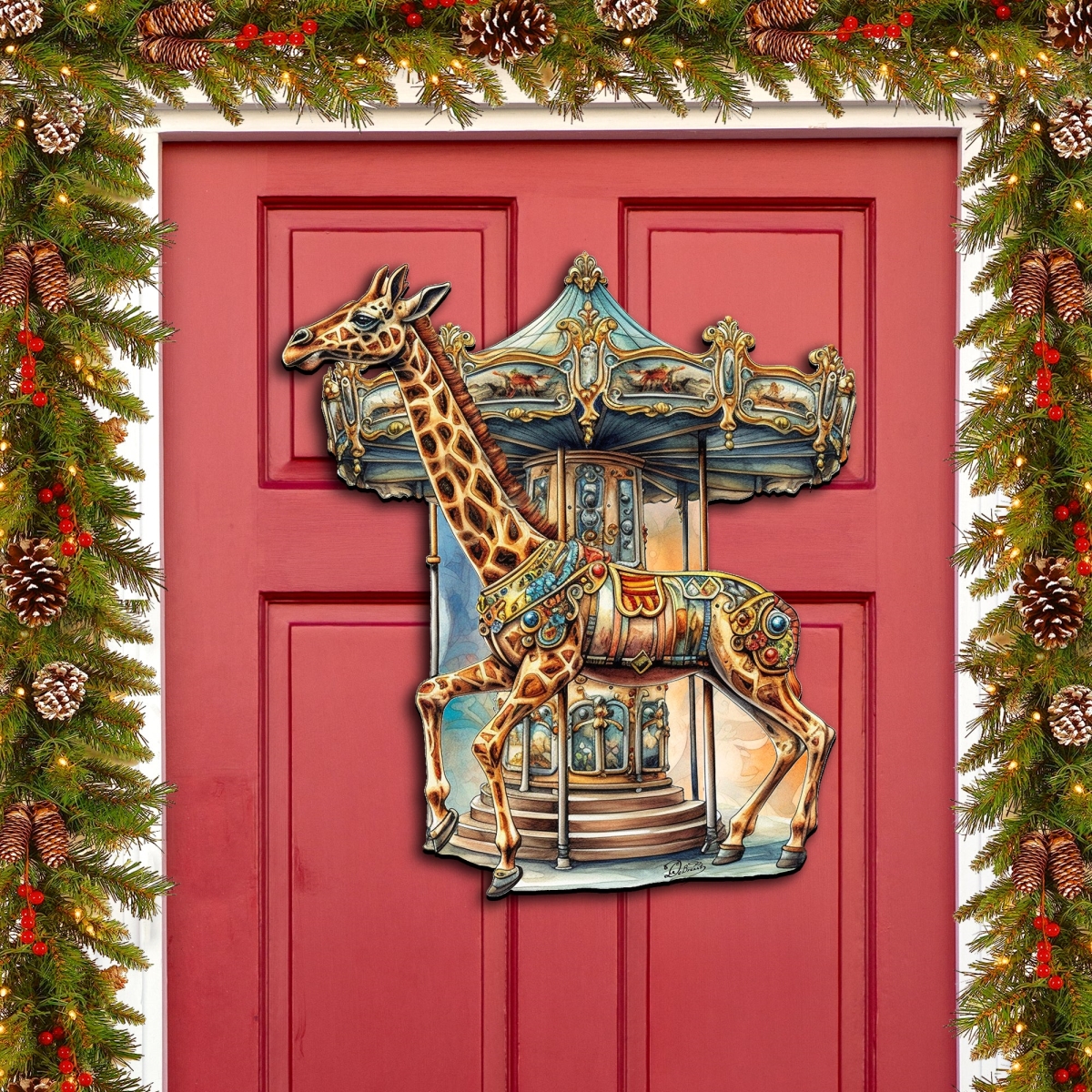 24 x 18 in. Carousel Giraffe Holiday Christmas Door Decor