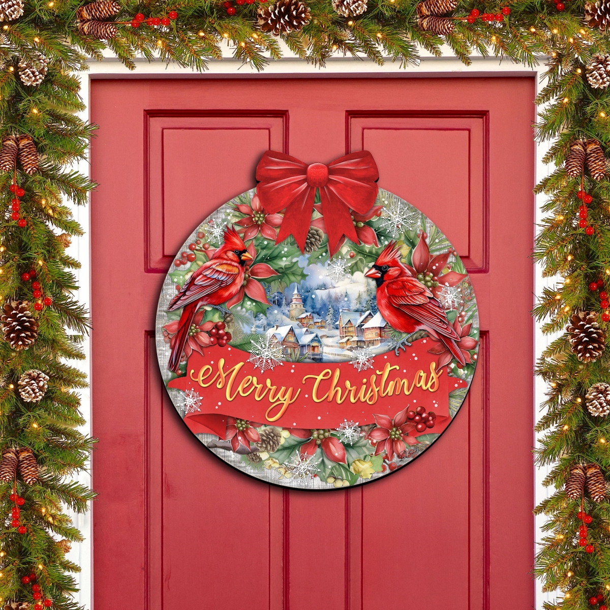 933121H 18 x 18 in. Merry Christmas Front Door Wooden Porch Welcome Sign Christmas Decor
