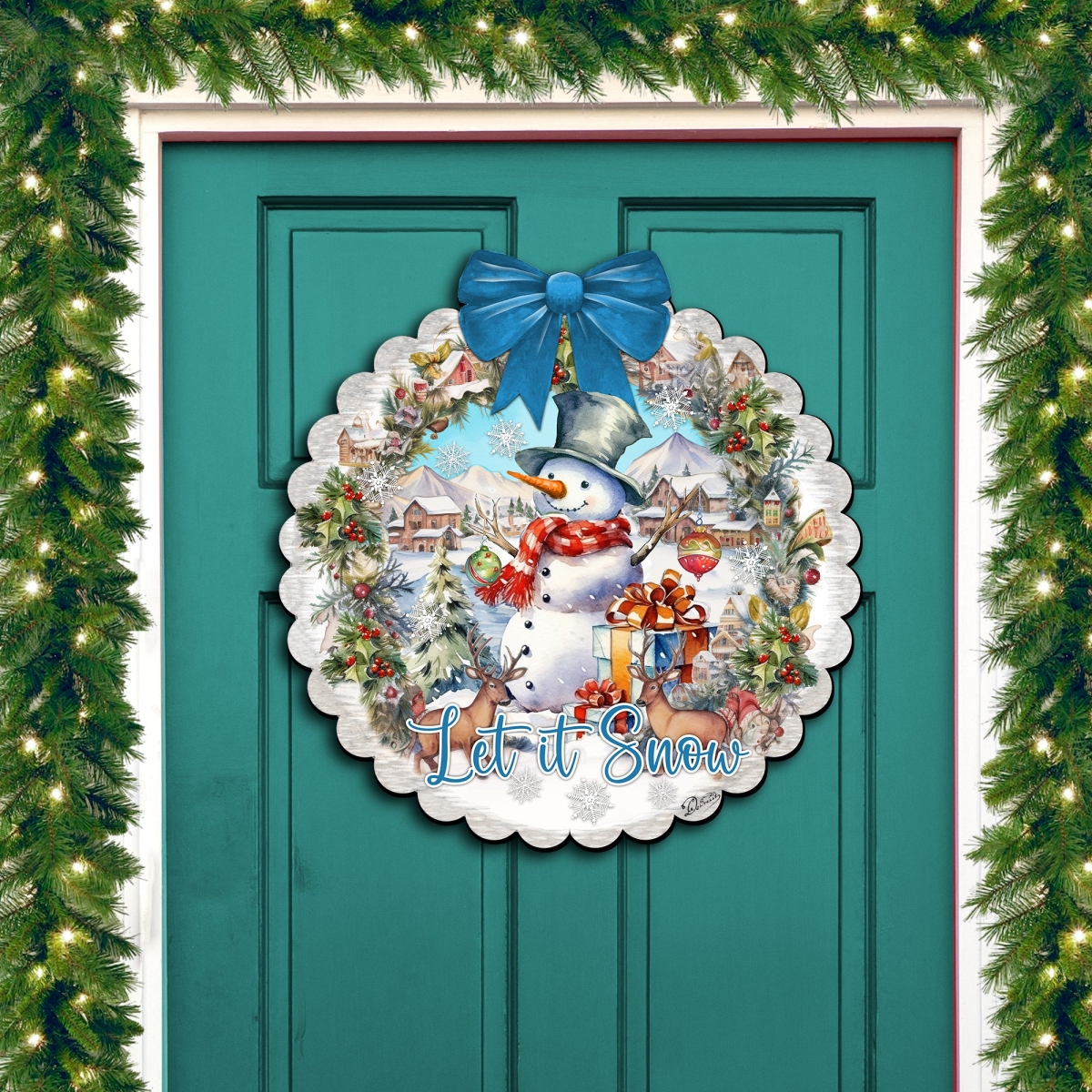 18 x 18 in. Let It Snow Front Door Wooden Porch Welcome Sign Christmas Santa Snowman Decor