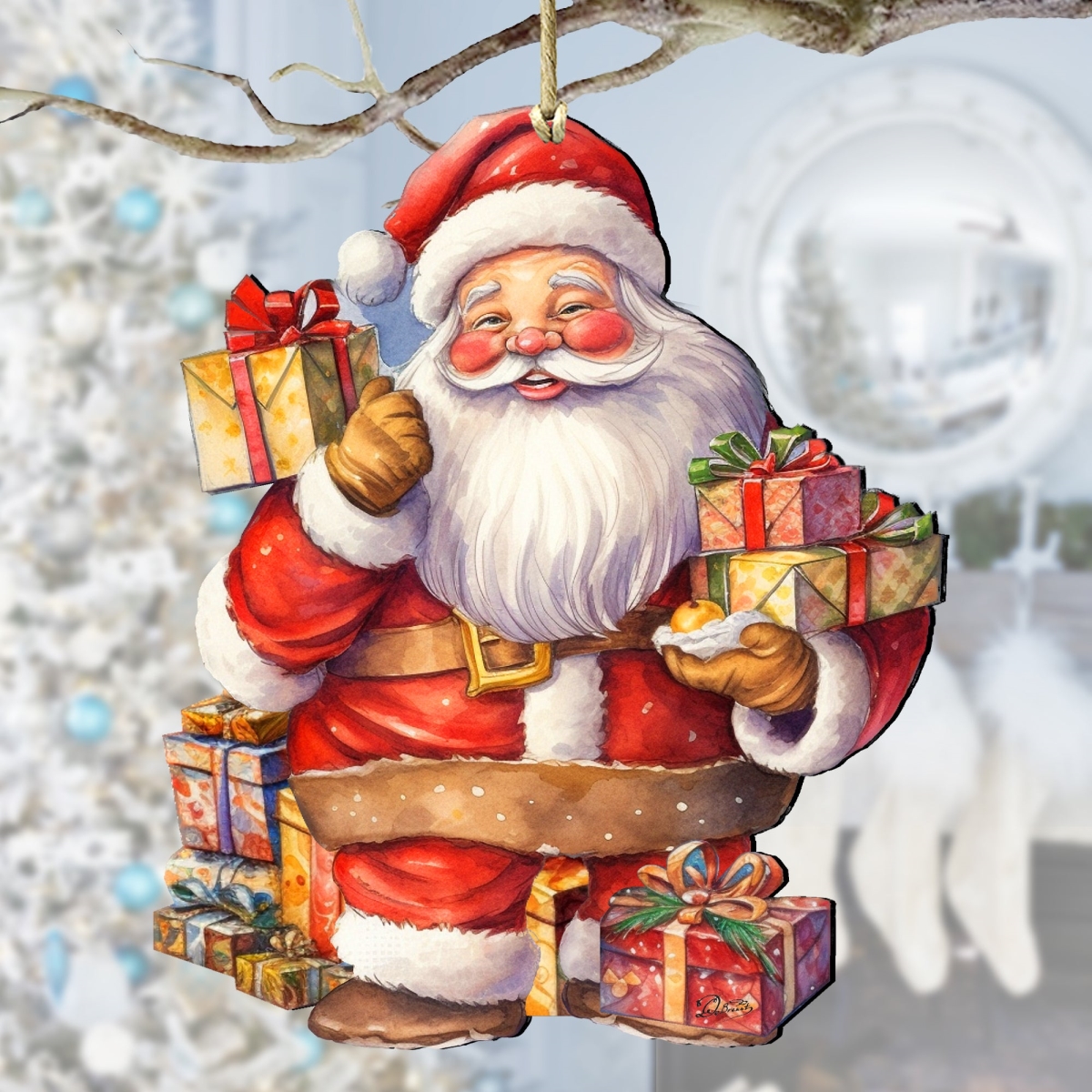 5 x 5.5 x 0.25 in. Merry Delivery Santa with Gifts Wooden Christmas Santa Snowman Decor Ornaments