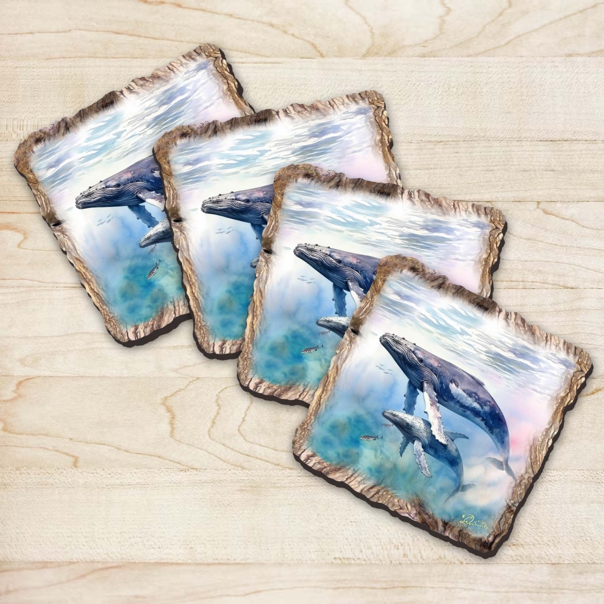 Picture of G. Debrekht 95395C-S4 Humpback Whale Wooden Cork Coasters Gift Set of 4 by Nature Wonders