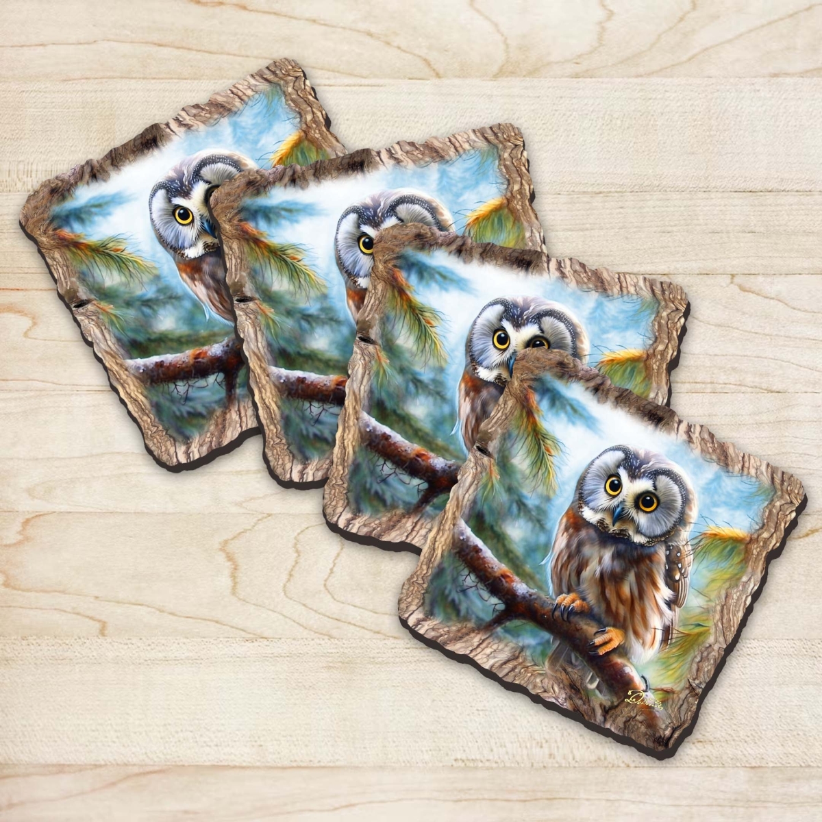 Picture of G. Debrekht 95389C-S4 Owl Wooden Cork Coasters Gift Set of 4 by Nature Wonders
