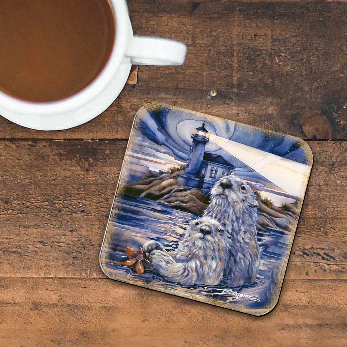 Picture of G. Debrekht 8199473C-S4 Starlight Otters Wooden Cork Coasters Gift Set of 4 by J. Bergsma - Wildlife Decor