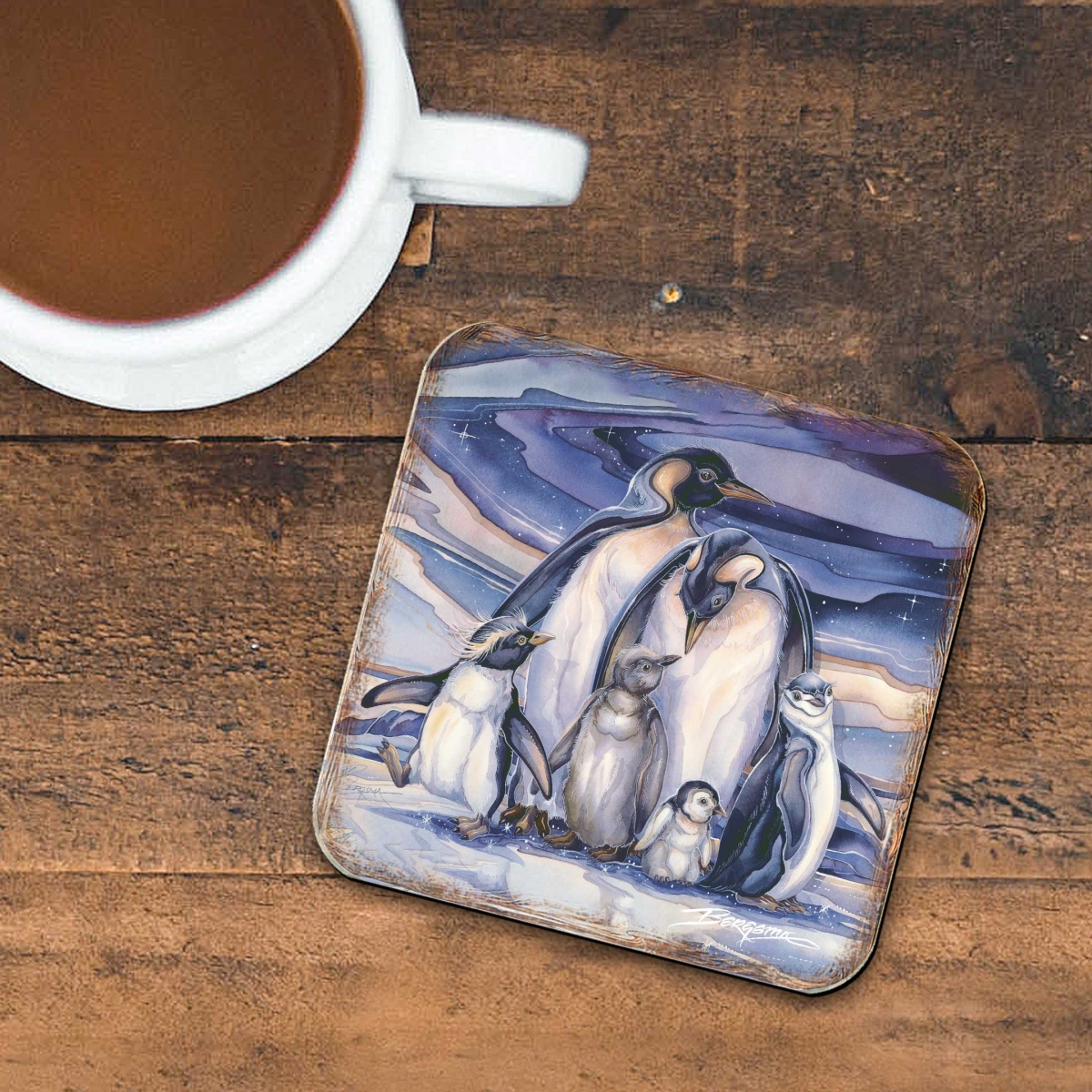 Picture of G. Debrekht 8199472C-S4 Penguin Family Wooden Cork Coasters Gift Set of 4 by J. Bergsma - Wildlife Decor
