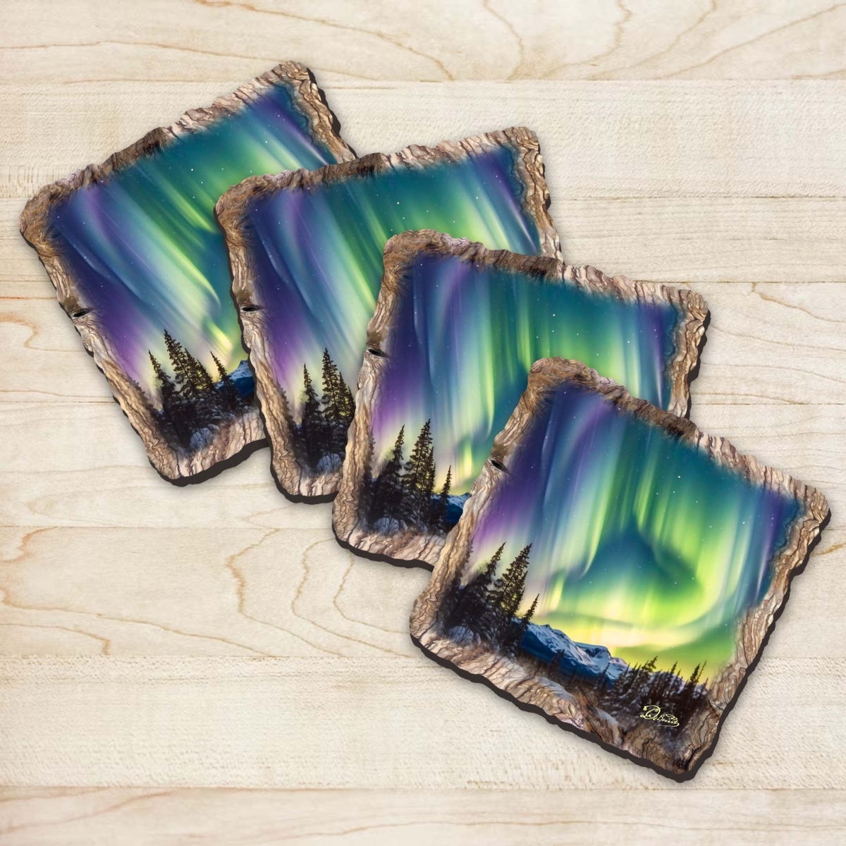 Picture of G. Debrekht 95391C-S4 Northern Lights Wooden Cork Coasters Gift Set of 4 by Nature Wonders