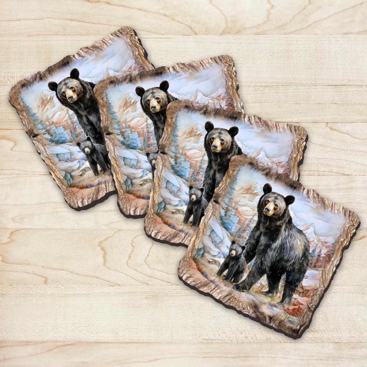 Picture of G. Debrekht 95398C-S4 Black Bear Wooden Cork Coasters Gift Set of 4 by Nature Wonders