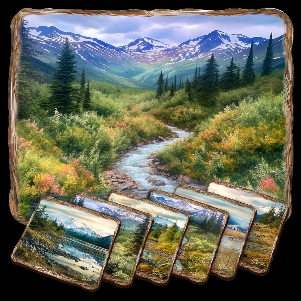Picture of G. Debrekht 85407C-S7 Mountain River Wooden Cork Placemat and Coasters Gift Set of 7 by Nature Wonders
