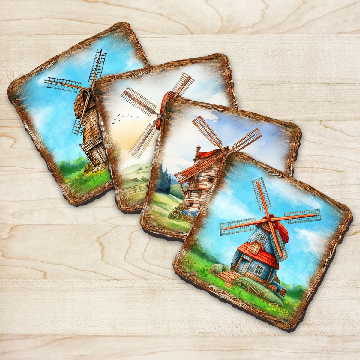 Picture of G. Debrekht 95406C-S4 Windmills Wooden Cork Coasters Gift Set of 4 by Nature Wonders