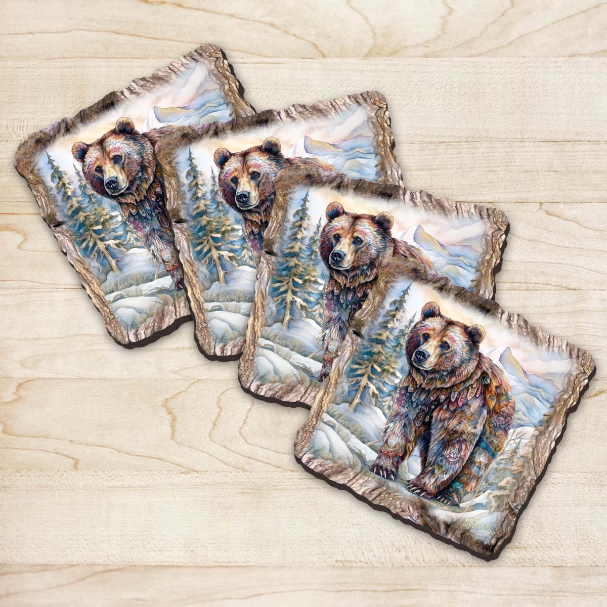 Picture of G. Debrekht 95397C-S4 Grizzly Bear Wooden Cork Coasters Gift Set of 4 by Nature Wonders