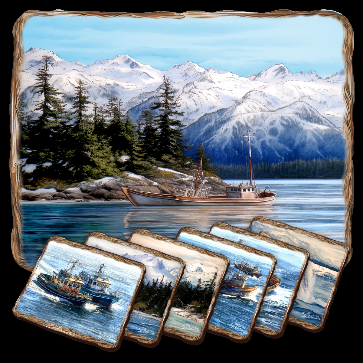 Picture of G. Debrekht 85405C-S7 Fishing Boats Wooden Cork Placemat and Coasters Gift Set of 7 by Nature Wonders