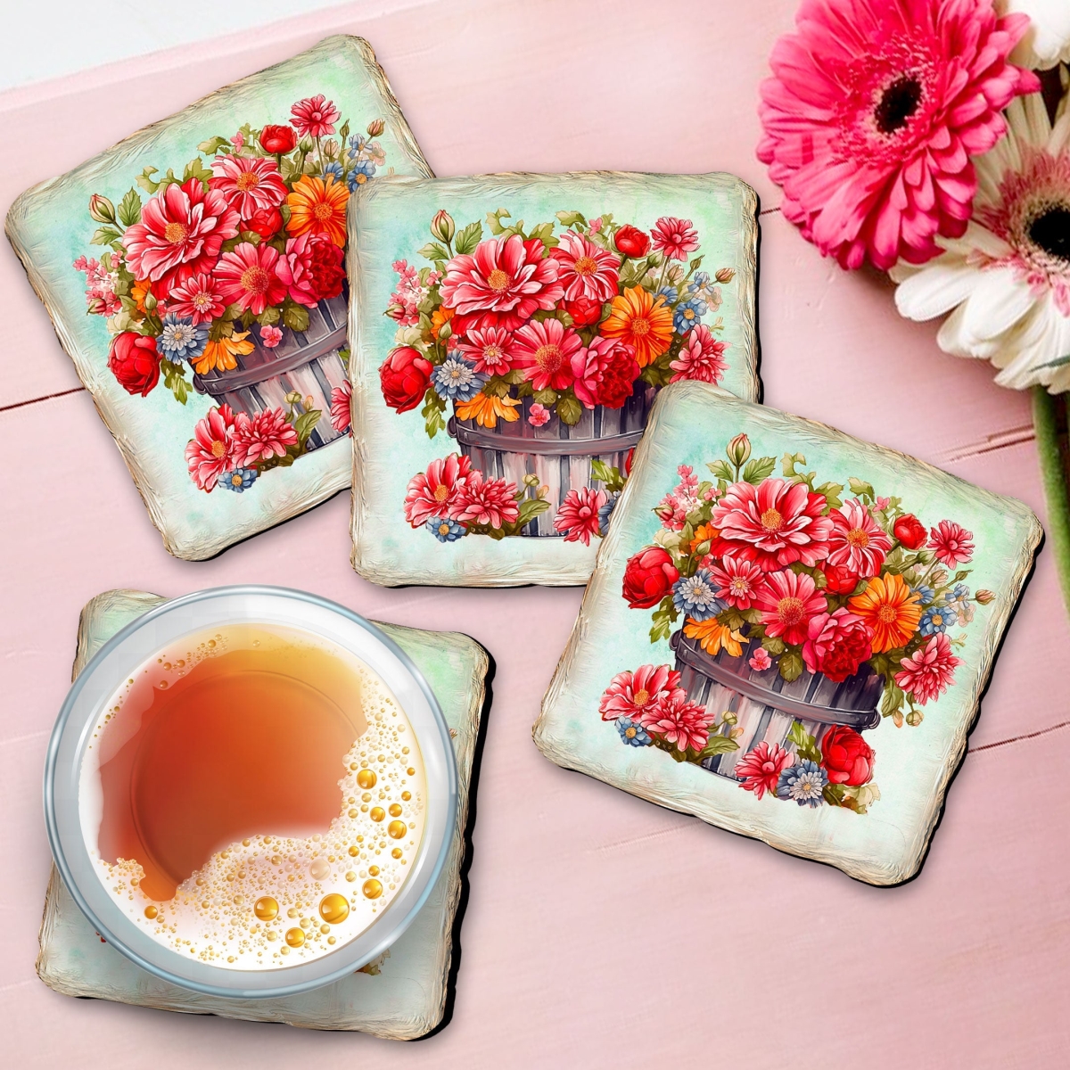 Picture of G. Debrekht 95405C-S4 Flowers in the Basket Wooden Cork Coasters Gift Set of 4 by Nature Wonders