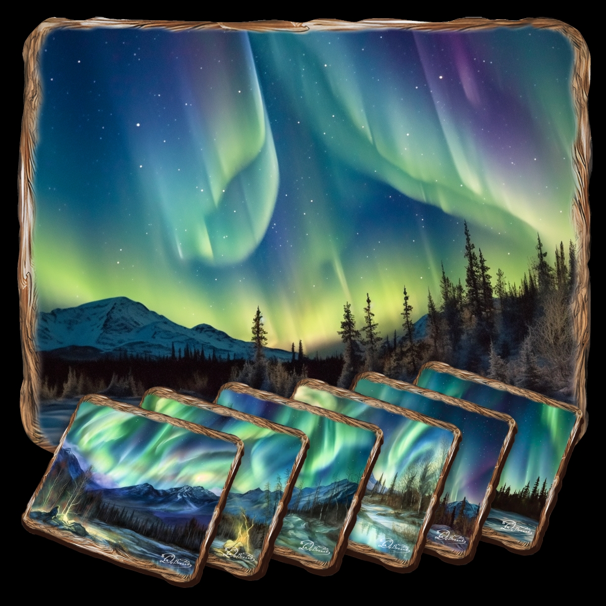Picture of G. Debrekht 85401C-S7 Northern Lights Wooden Cork Placemat and Coasters Gift Set of 7 by Nature Wonders