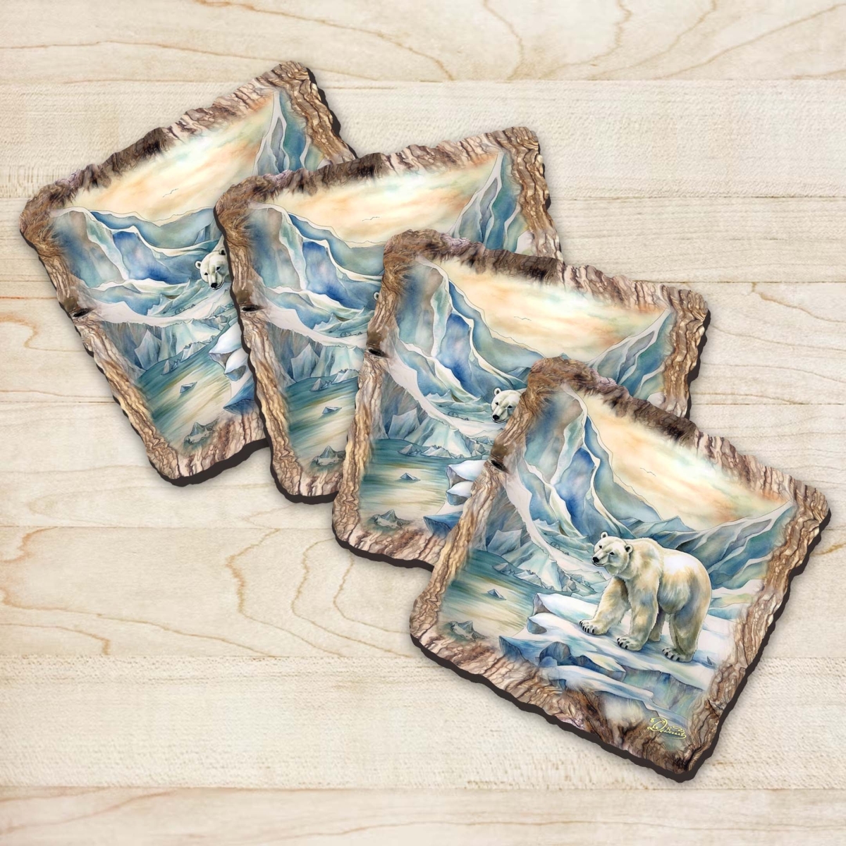 Picture of G. Debrekht 95400C-S4 Polar Bear Wooden Cork Coasters Gift Set of 4 by Nature Wonders