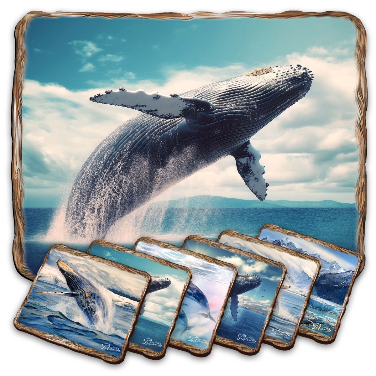 Picture of G. Debrekht 85403C-S7 Humpback Whale Wooden Cork Placemat and Coasters Gift Set of 7 by Nature Wonders
