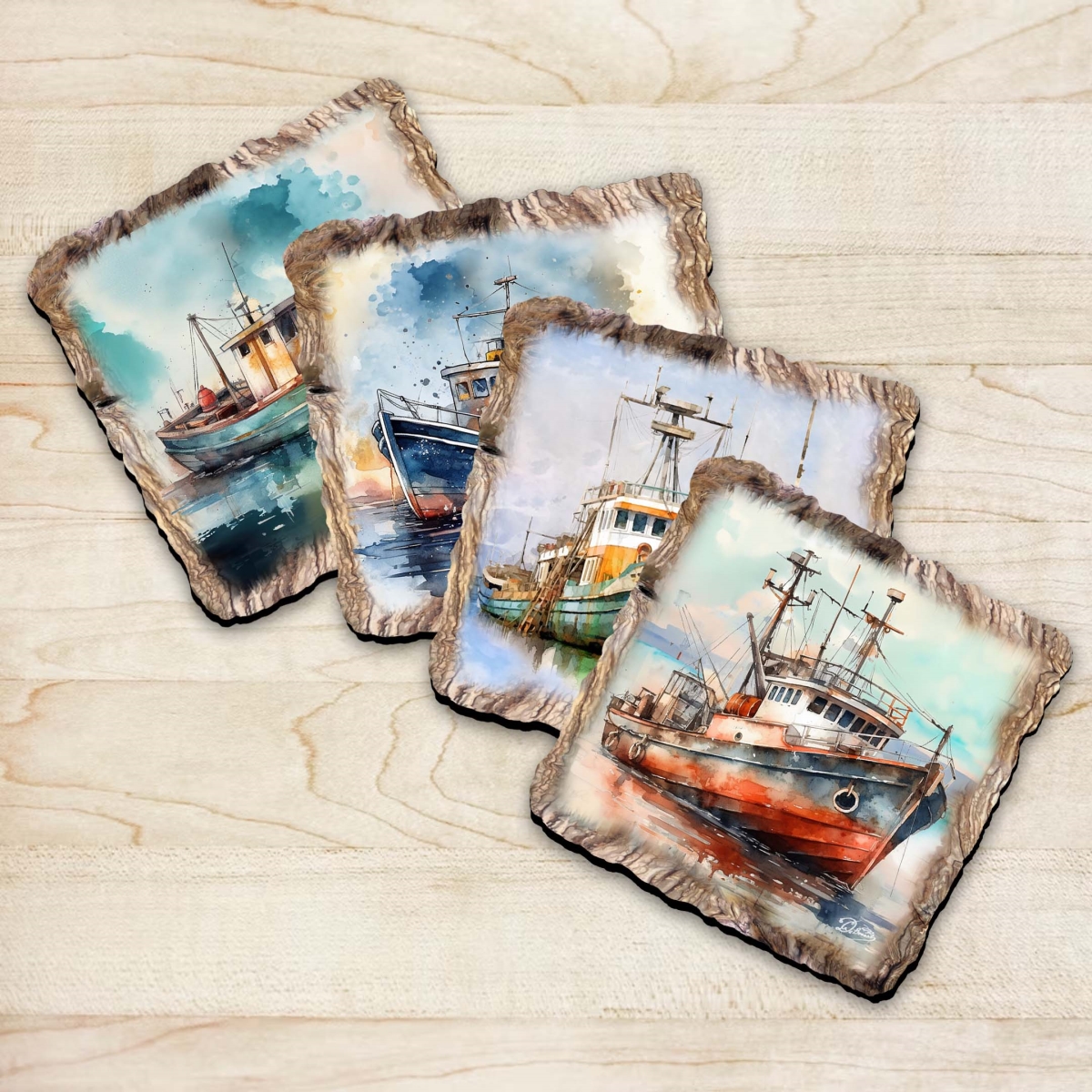 Picture of G. Debrekht 95402C-S4 Fishing Boats Wooden Cork Coasters Gift Set of 4 by Nature Wonders