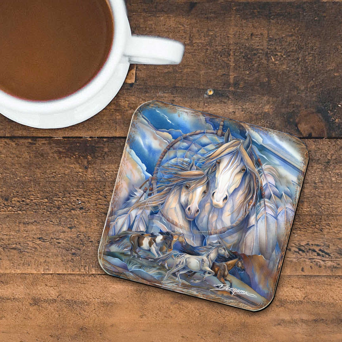 Picture of G. Debrekht 8199469C-S4 Mustangs Dream Catcher Wooden Cork Coasters Gift Set of 4 by J. Bergsma - Wildlife Decor