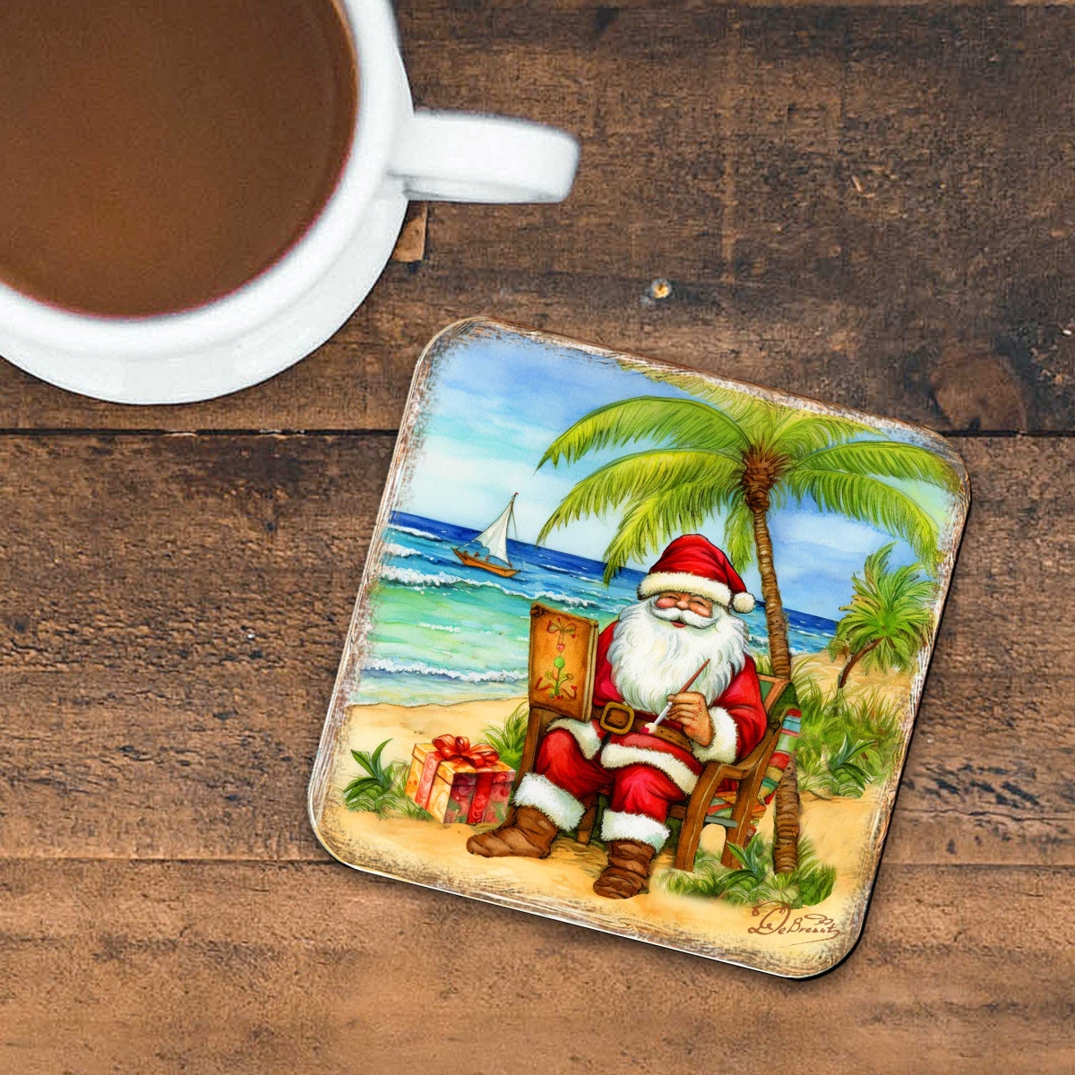 Picture of G. Debrekht 8199441C-S4 Santa on the Beach Wooden Cork Coasters Gift Set of 4 by G. Debrekht - Santa Christmas Decor