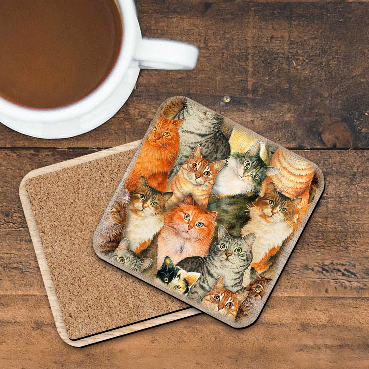Picture of G. Debrekht 8199435C-JW-S4 Sophisticated Cats Family Wooden Cork Coasters Gift Set of 4 - Cat Dog Pets Decor
