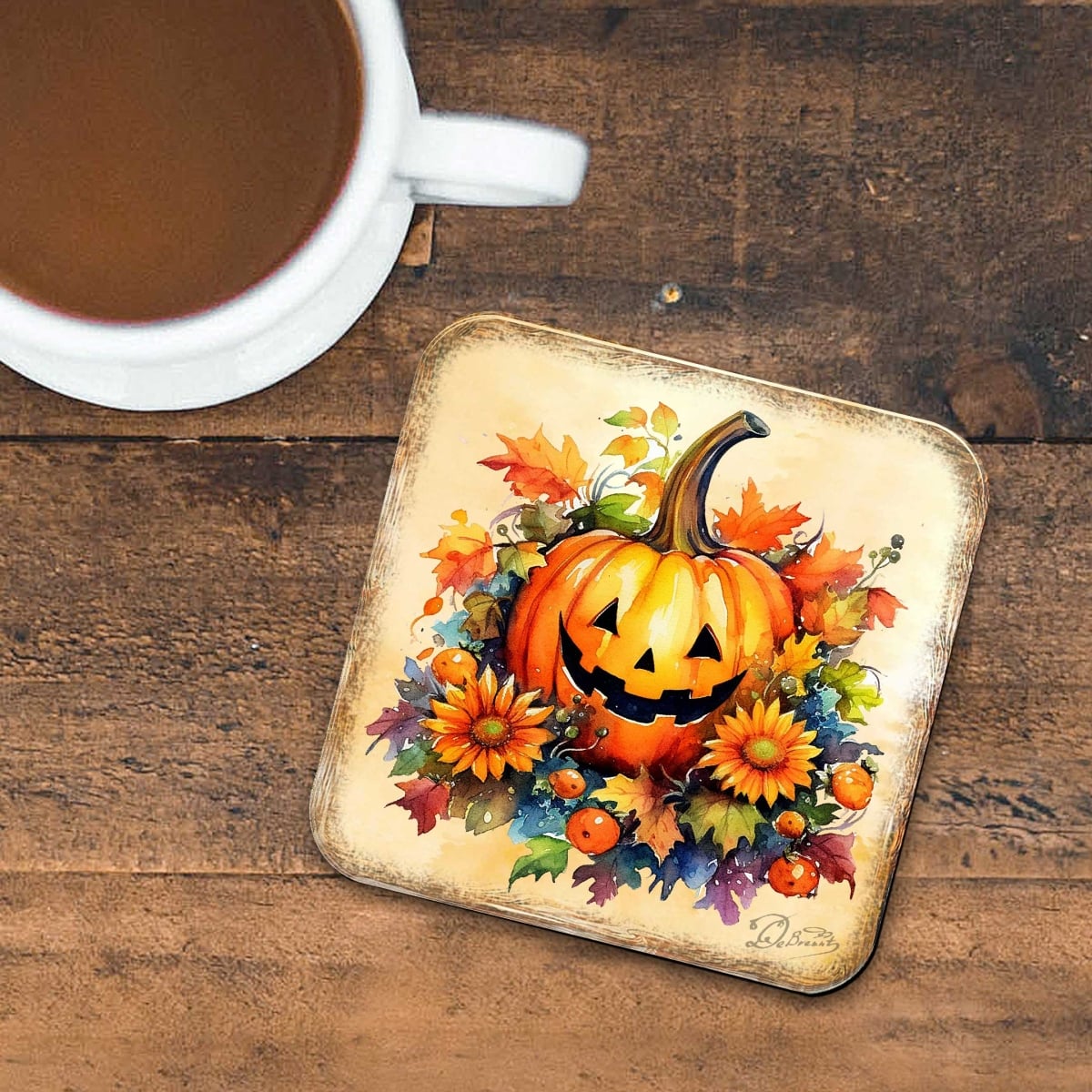 Picture of G. Debrekht 8199448C-S4 Halloween Pumpkin Wooden Cork Coasters Gift Set of 4 by G. Debrekht - Thanksgiving Decor