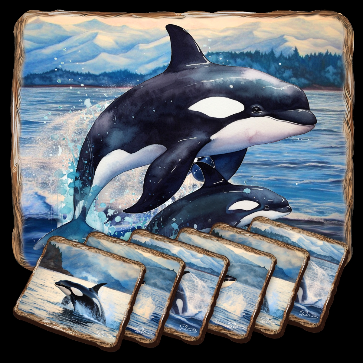 Picture of G. Debrekht 85412C-S7 Playful Orcas Wooden Cork Placemat and Coasters Gift Set of 7 by Nature Wonders