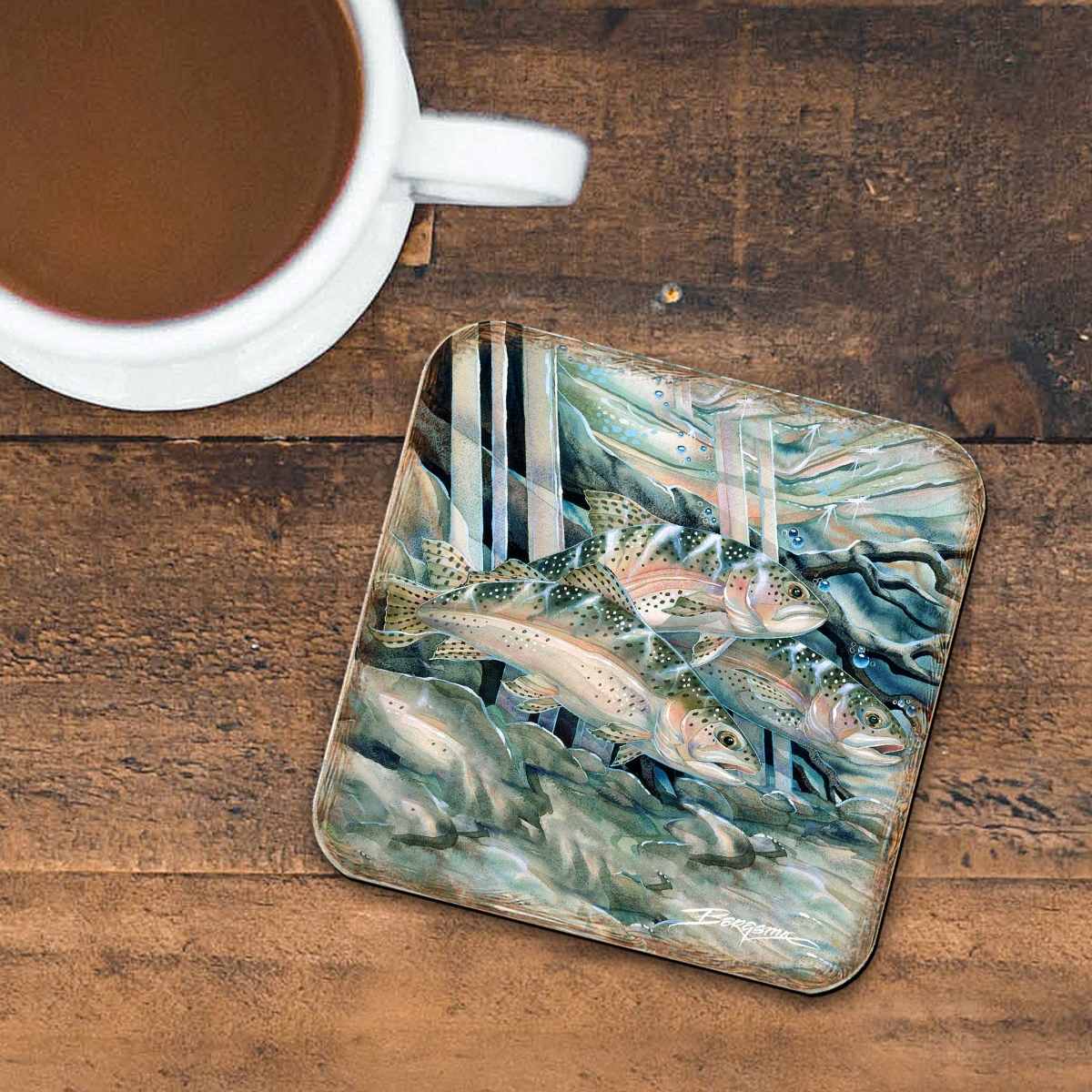 Picture of G. Debrekht 8199463C-S4 Catch the Rainbow Trout Wooden Cork Coasters Gift Set of 4 by J. Bergsma - Wildlife Decor