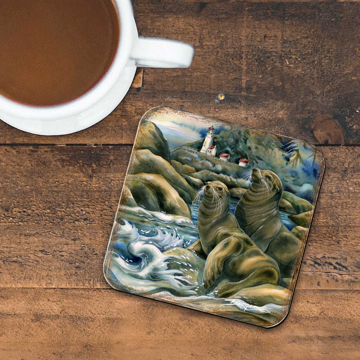 Picture of G. Debrekht 8199466C-S4 Lions of the Sea Wooden Cork Coasters Gift Set of 4 by J. Bergsma - Wildlife Decor