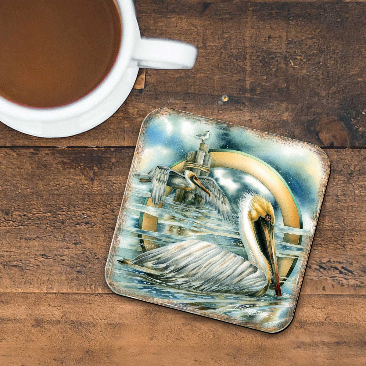 Picture of G. Debrekht 8199460C-S4 Pelicans Wooden Cork Coasters Gift Set of 4 by J. Bergsma - Coastal Holiday Decor