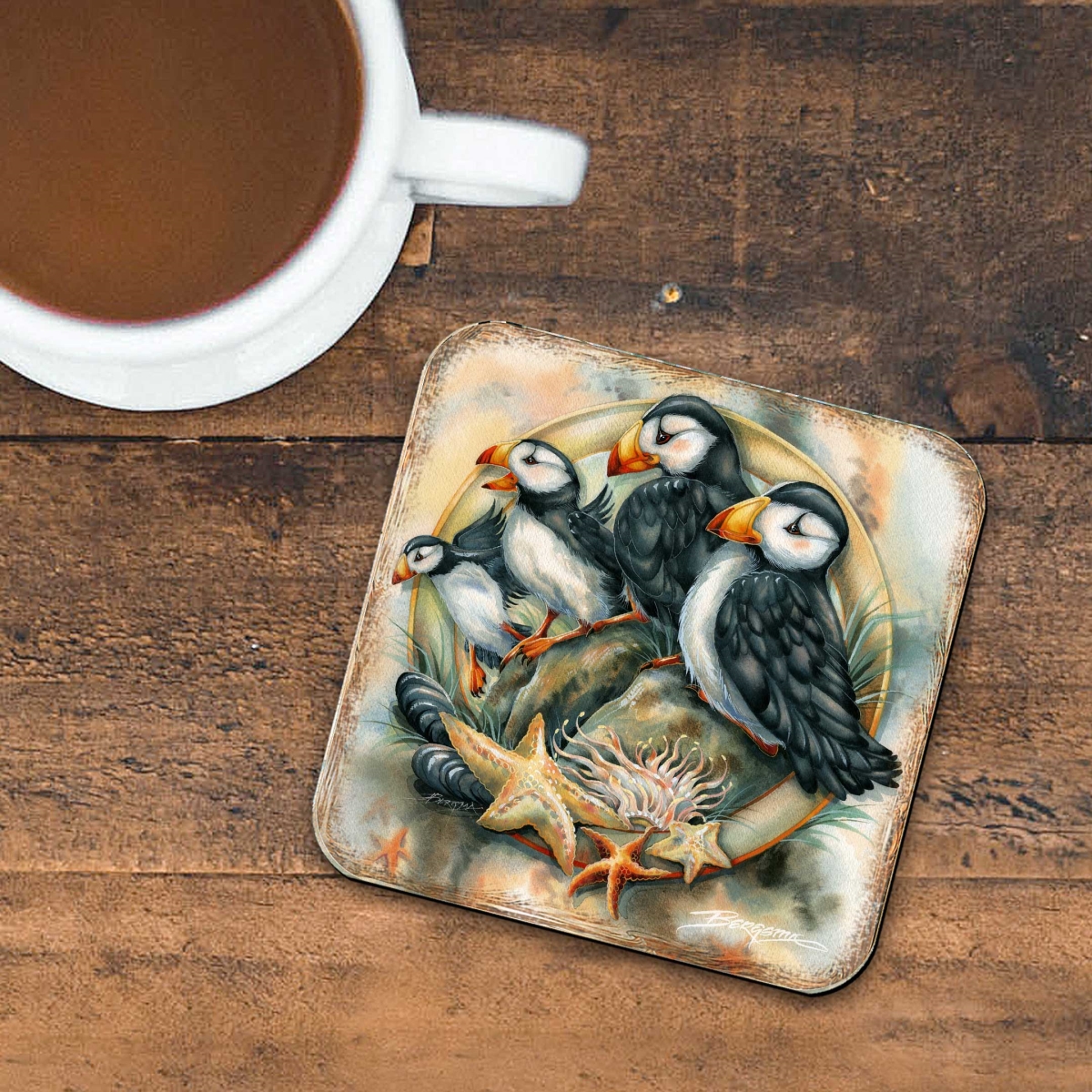 Picture of G. Debrekht 8199462C-S4 Puffins Wooden Cork Coasters Gift Set of 4 by J. Bergsma - Wildlife Decor