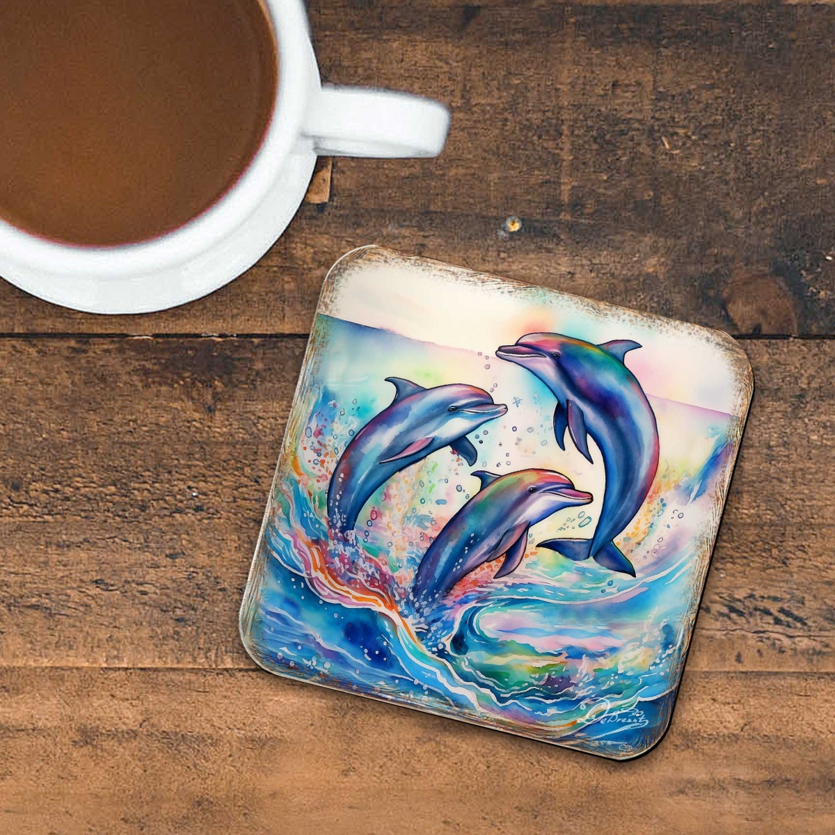 Picture of G. Debrekht 8199450-3C-S4 Dolphins Wooden Cork Coasters Gift Set of 4 by G. Debrekht - Coastal Holiday Decor