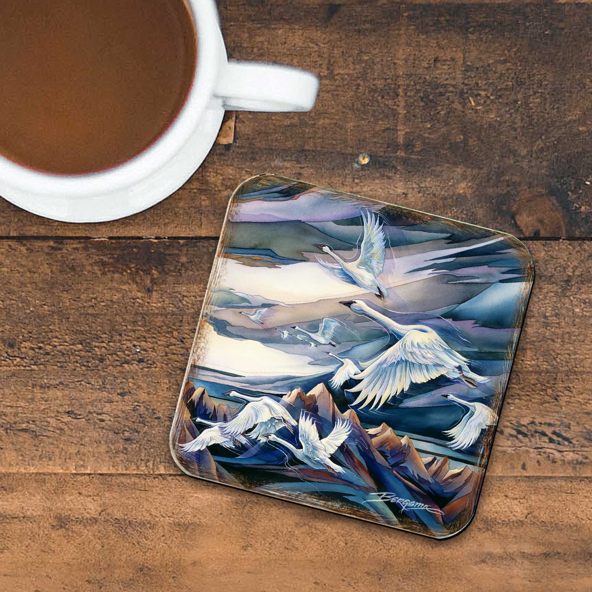 Picture of G. Debrekht 8199457C-S4 Flying Swans Wooden Cork Coasters Gift Set of 4 by J. Bergsma - Wildlife Decor