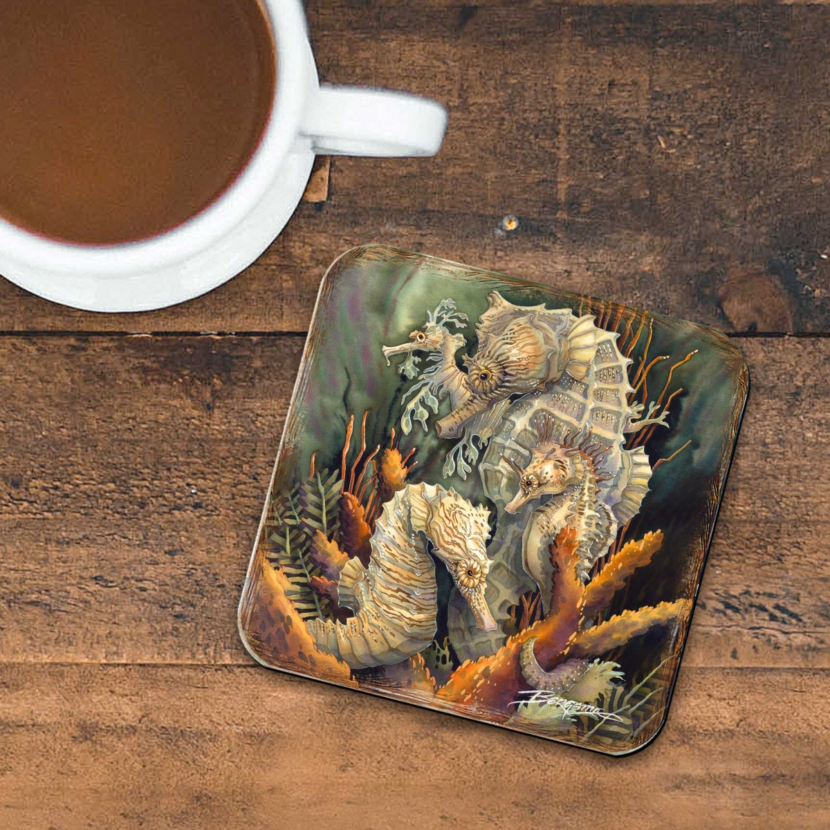 Picture of G. Debrekht 8199454C-S4 Seahorse Family Wooden Cork Coasters Gift Set of 4 by J. Bergsma - Wildlife Decor
