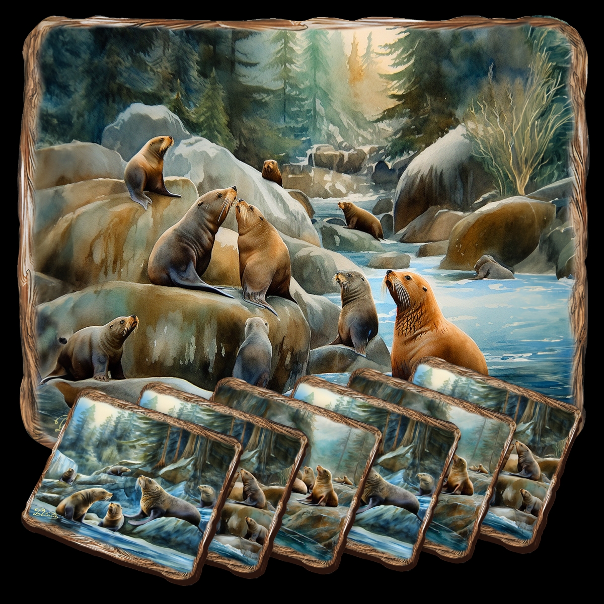 Picture of G. Debrekht 85413C-S7 Sea Lion Cave Wooden Cork Placemat and Coasters Gift Set of 7 by Nature Wonders