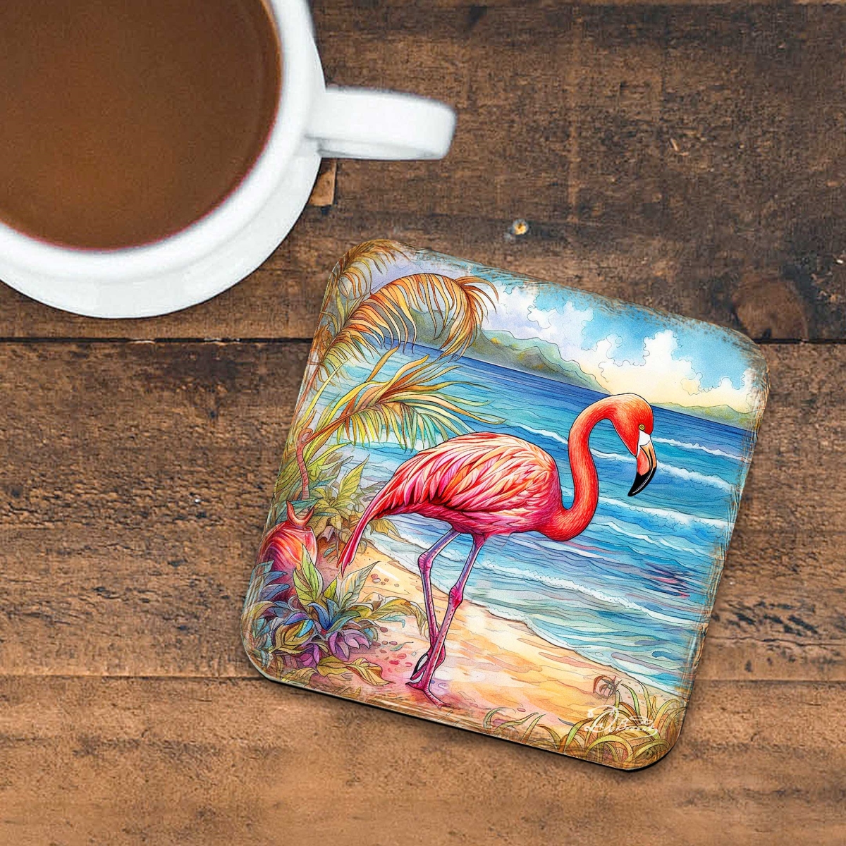 Picture of G. Debrekht 8199440C-S4 Pink Flamingo Wooden Cork Coasters Gift Set of 4 by G. Debrekht - Wildlife Decor