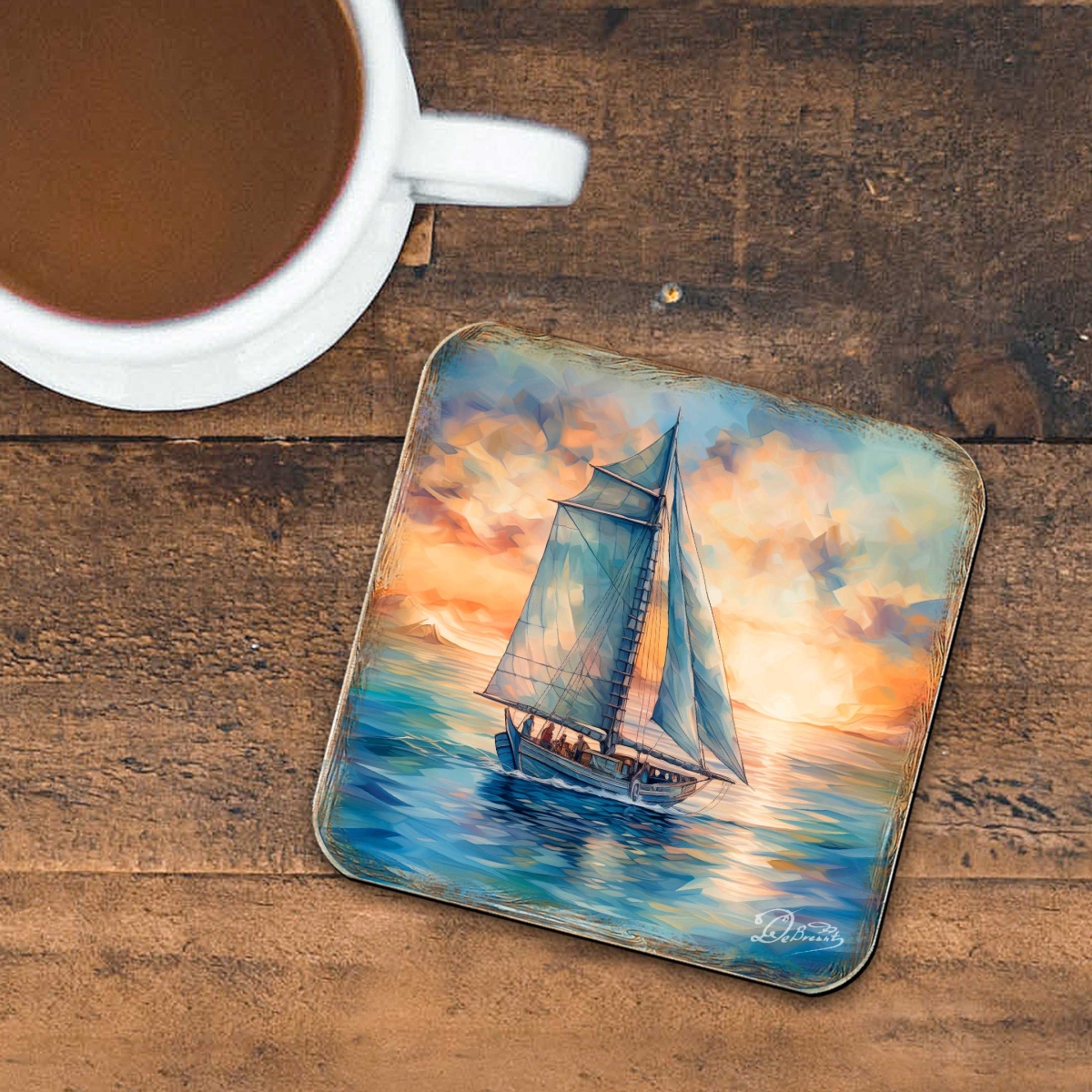 Picture of G. Debrekht 8199450-2C-S4 Sail Boats Wooden Cork Coasters Gift Set of 4 by G. Debrekht - Coastal Holiday Decor