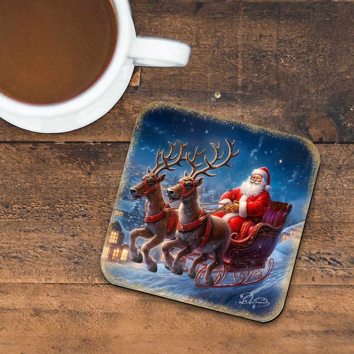 Picture of G. Debrekht 8199445C-S4 Santa's Sleigh Wooden Cork Coasters Gift Set of 4 by G. Debrekht - Santa Christmas Decor