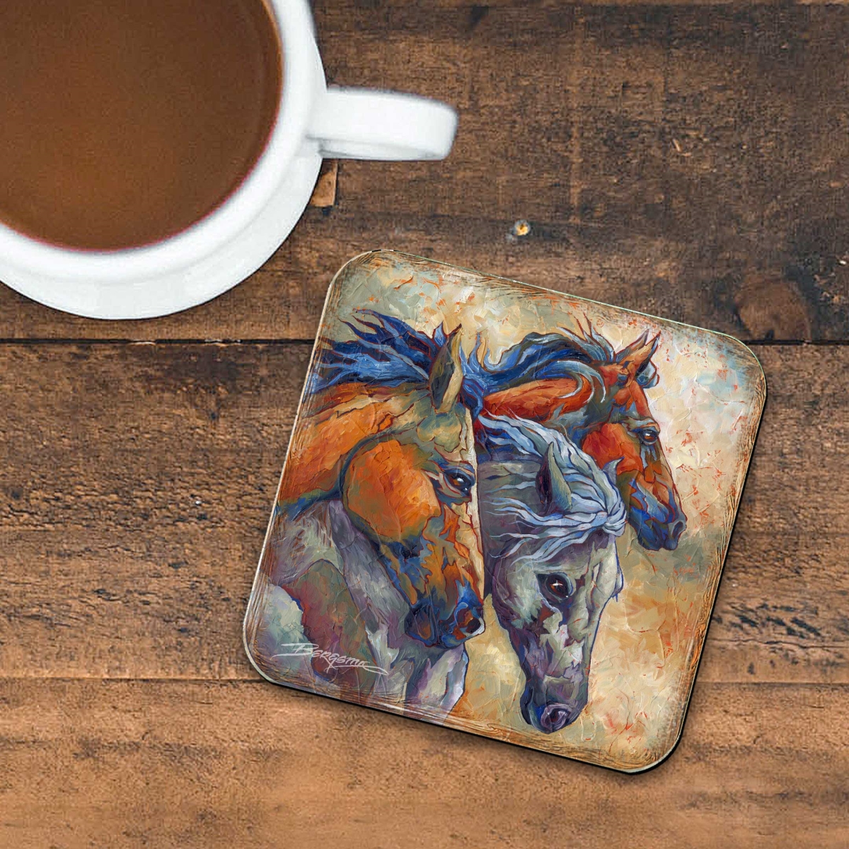 Picture of G. Debrekht 8199458C-S4 Herd of Horses Wooden Cork Coasters Gift Set of 4 by J. Bergsma - Wildlife Decor