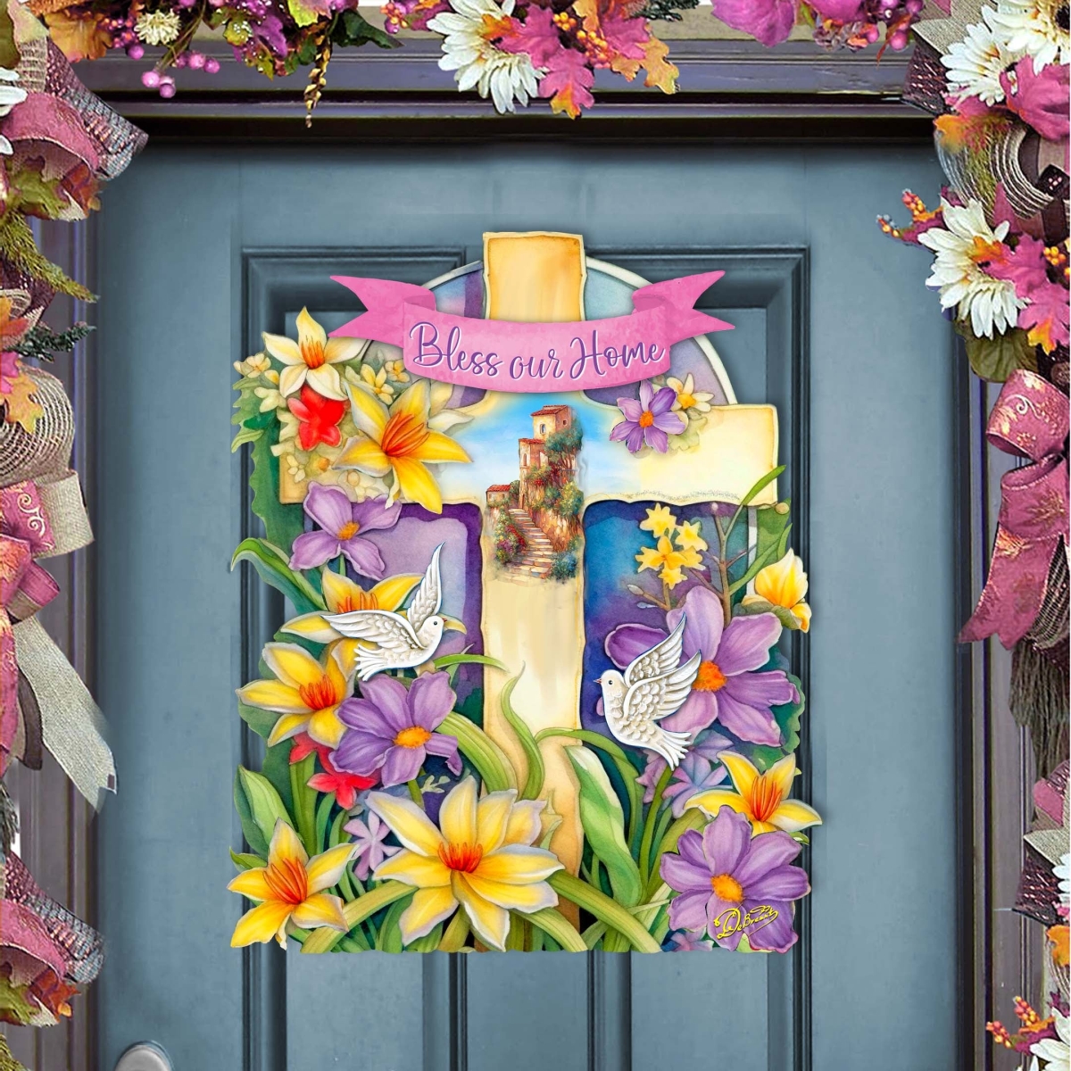 8688161H Bless Our Home Cross Holiday Door Decor by  - Easter Spring Decor