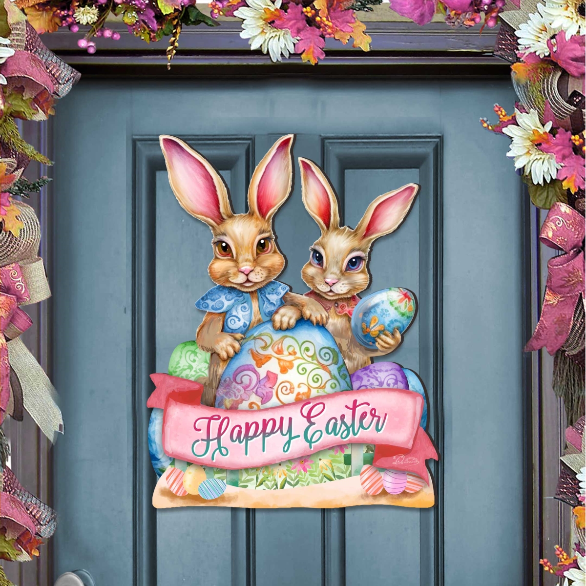 8652782H Easter Door Hanger, Easter Gift - Happy Easter Bunnies Easter Door Decor by